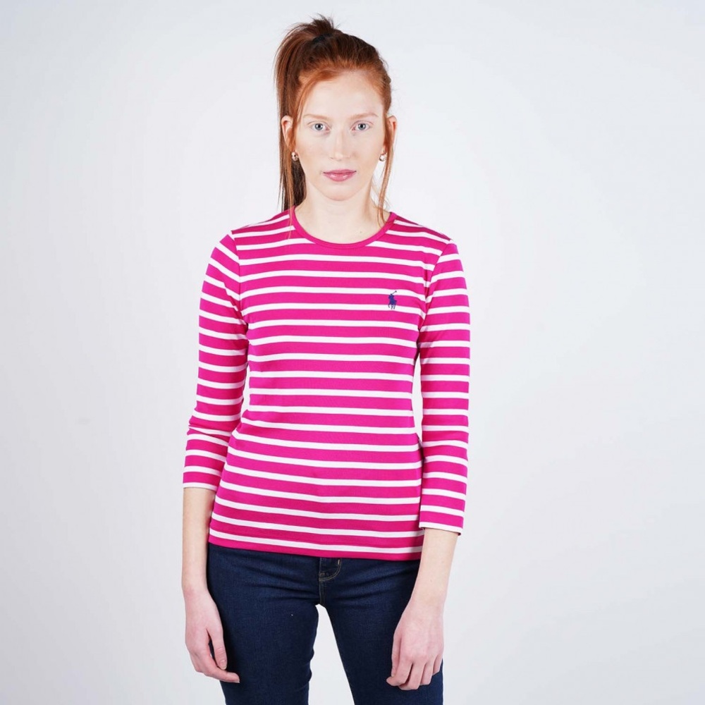 Ralph Lauren Sport Women's Hot Pink and White Striped Long Sleeve T-Shirt sz M